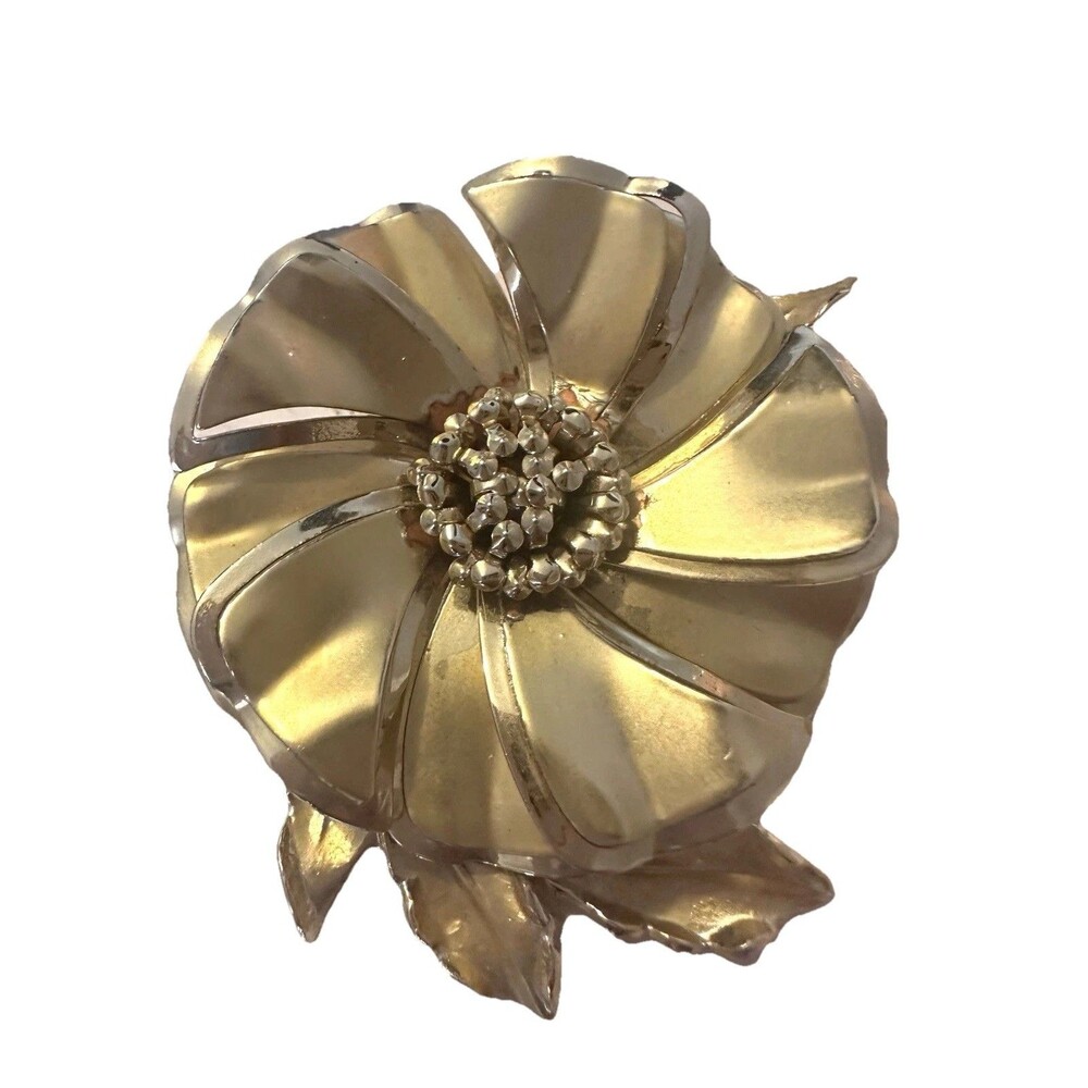Vintage Gold Tone Flower Brooch Large Floral Pin Mid Century Statement Unsigned
